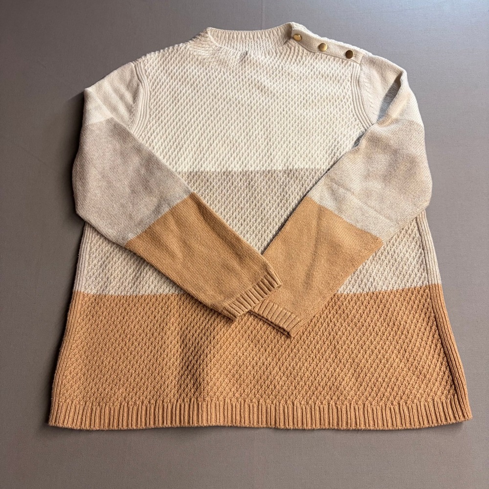 Talbots Womens XL Colorblock Textured Knit Sweater Shoulder Button Beige Cream